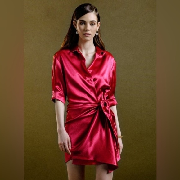 NWT Molly Bracken Silky Wrap Around Mini Tie Dress in Raspberry - Picture 2 of 9